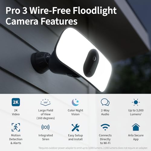 ARLO كاميرا أمان LED فلوودلايت Arlo Pro 3 بدقة 2K HDR 2000-3000 لومن | بدون أسلاك | حماية الممرات والأزقة | تتصل بشبكة Wi-Fi | رؤية ليلية ملونة، مستشعر حركة، صوت ثنائي الاتجاه، قابلة لإعادة الشحن (أسود) - Image 2