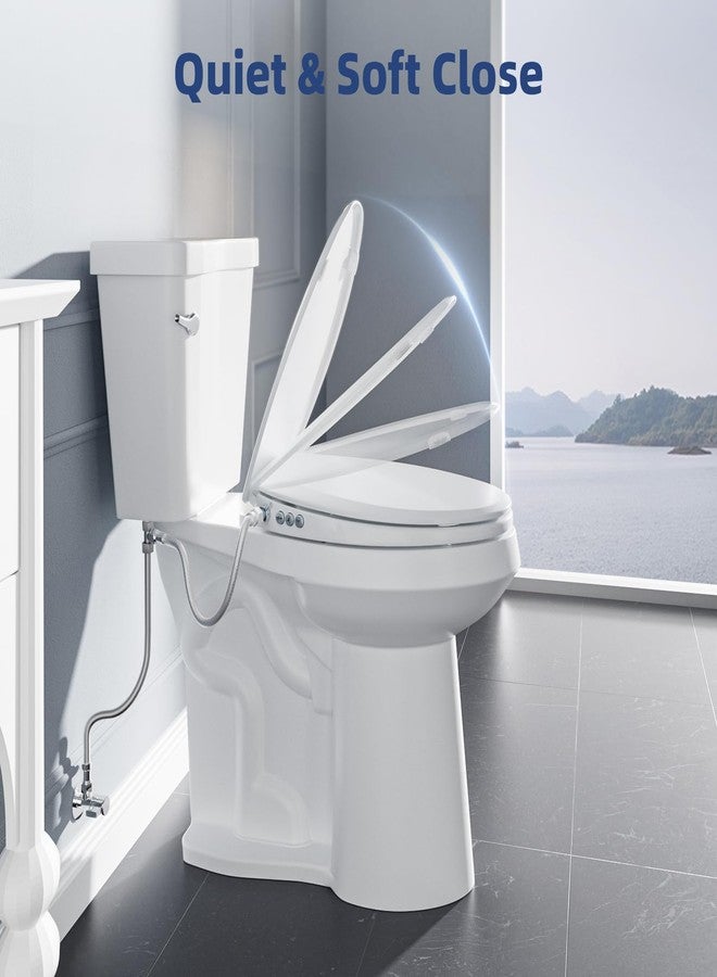 Clirass Bidet Toilet Seat, Soft Close Elongated Toilet Seat, Button control Feminine/Posterior Wash Switch, Knob Control Water Pressure,White Bidet Seat Attachment with Brass inlet - Image 2