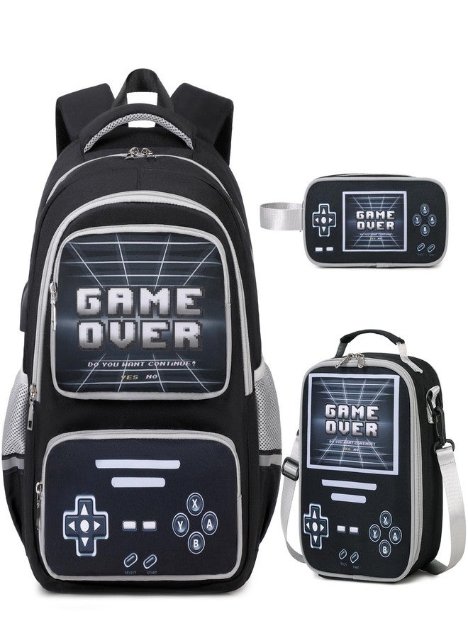 ACESAK Gamer Backpack for Boys - Cool Luminous School Backpack for Boys with Lunch Bag Pencil Case - Kids Boys Backpack, Black Grey, Large, Backpack - Image 1