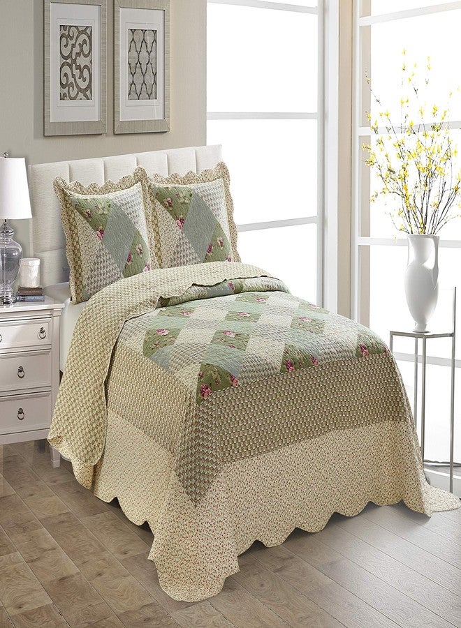 Fancy Linen LLC INC Fancy Linen Over Sized Quilted Coverlet Bedspread Set New (Full/Queen, Beige Green Floral Geometric)