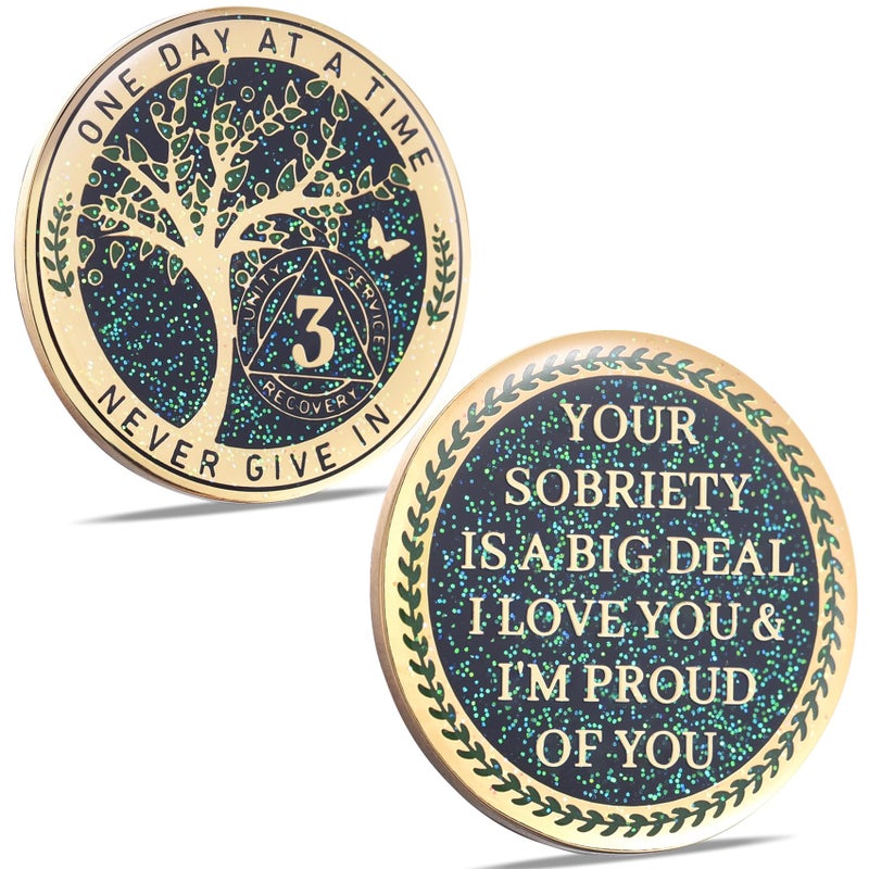 LParkin 3 Year Sobriety Coin Tree of Life Sobriety Coin AA Medallion Sobriety Gifts for Women and Men Sober Anniversary Token Alcoholics Anonymous Medallion - Image 3