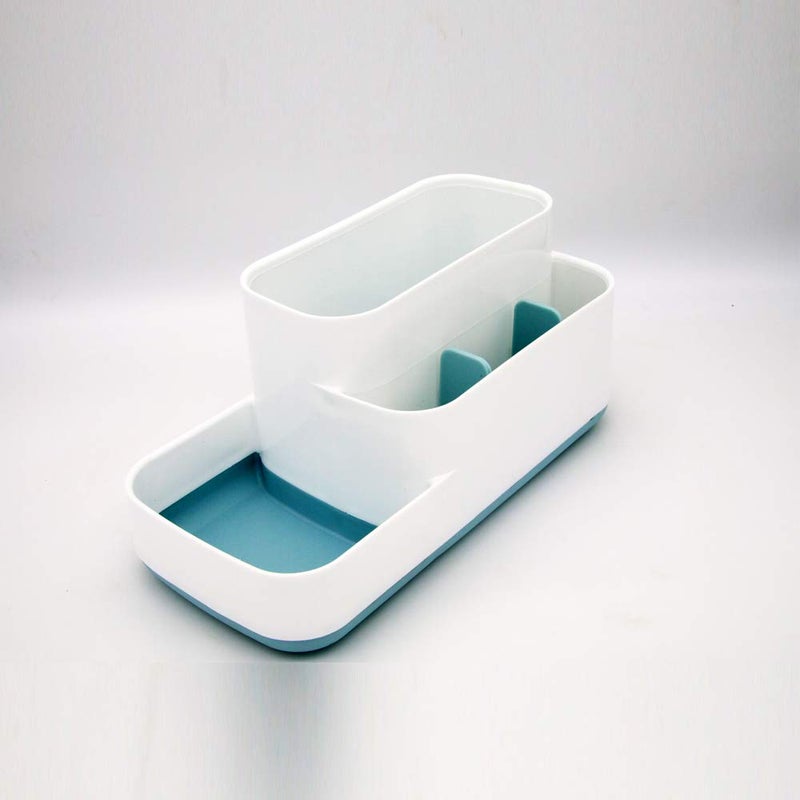 EZ Life 5 Compartment Bathroom Caddy (White & Blue) for Wash Basin Storage Organizer for Soap, Handwash, Tooth Brush, Tongue Cleaner, Toothpaste, Shaving Accessories, Comb, Cosmetics and More. - Image 1