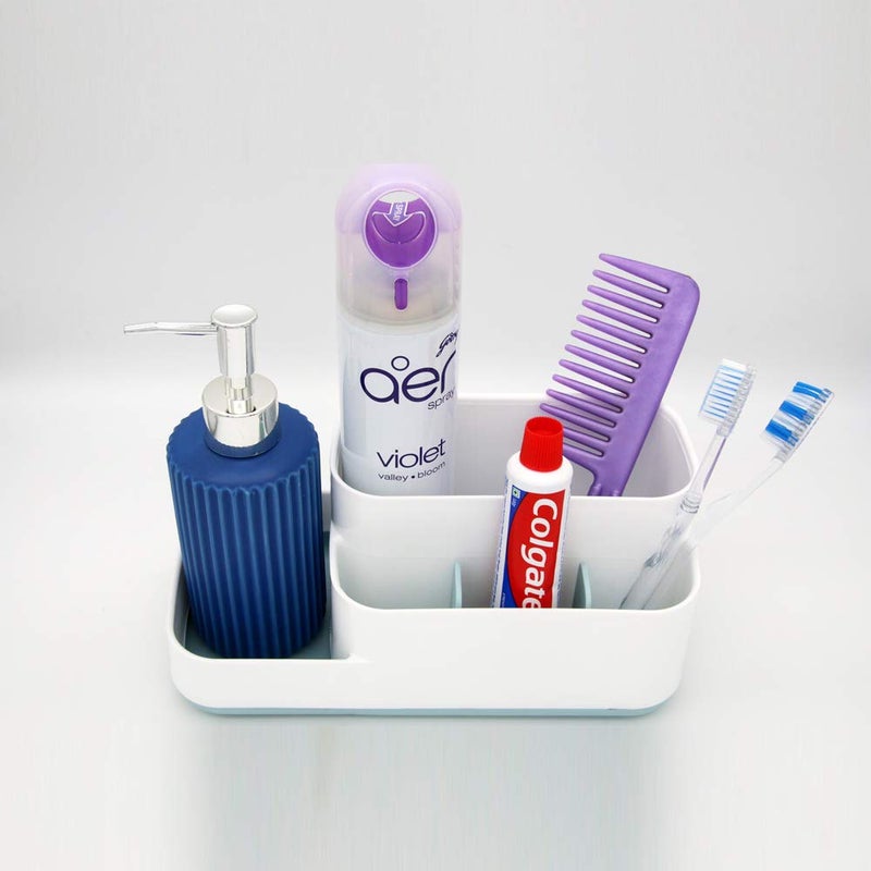 EZ Life 5 Compartment Bathroom Caddy (White & Blue) for Wash Basin Storage Organizer for Soap, Handwash, Tooth Brush, Tongue Cleaner, Toothpaste, Shaving Accessories, Comb, Cosmetics and More. - Image 4
