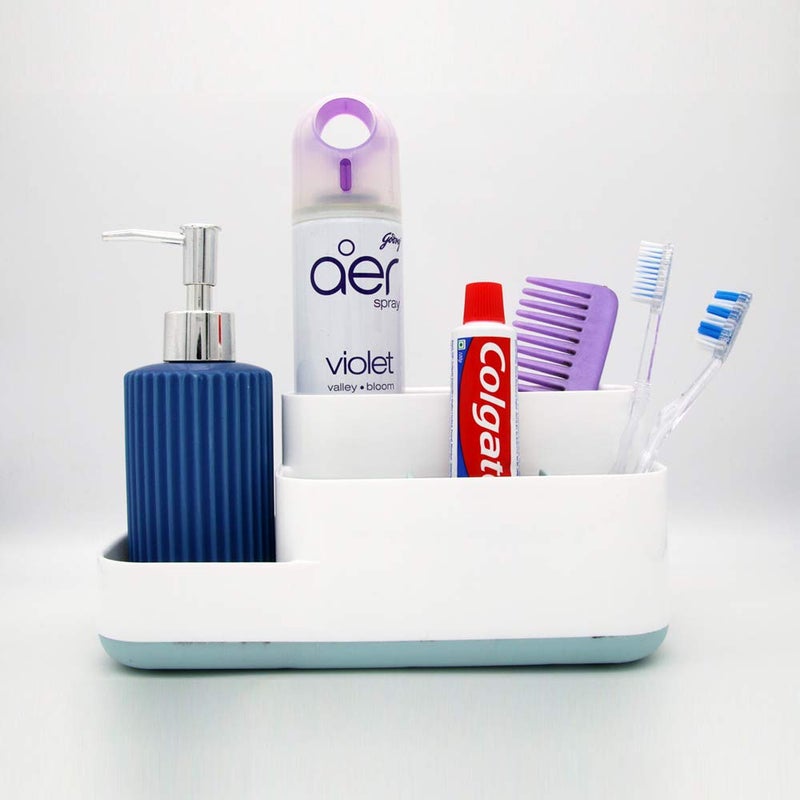 EZ Life 5 Compartment Bathroom Caddy (White & Blue) for Wash Basin Storage Organizer for Soap, Handwash, Tooth Brush, Tongue Cleaner, Toothpaste, Shaving Accessories, Comb, Cosmetics and More. - Image 2