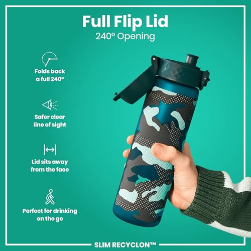 ION8 Water Bottle, 500 ml/18 oz, Leak Proof, Easy to Open, Secure Lock, Dishwasher Safe, BPA Free, Flip Cover, Carry Handle, Fits Cup Holders, Easy Clean, Odor Free, Carbon Neutral, Green, Camo Design - Image 4