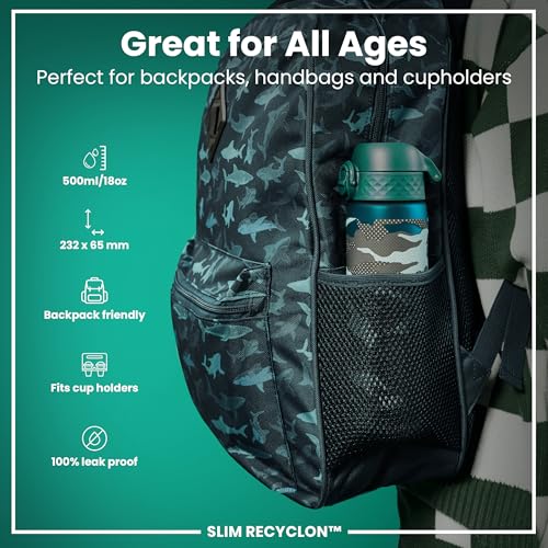 ION8 Water Bottle, 500 ml/18 oz, Leak Proof, Easy to Open, Secure Lock, Dishwasher Safe, BPA Free, Flip Cover, Carry Handle, Fits Cup Holders, Easy Clean, Odor Free, Carbon Neutral, Green, Camo Design - Image 2