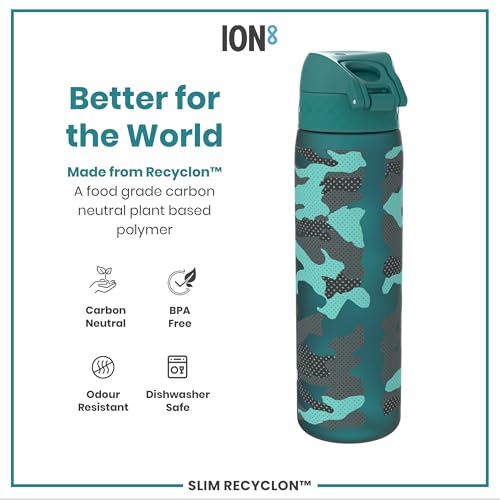 ION8 Water Bottle, 500 ml/18 oz, Leak Proof, Easy to Open, Secure Lock, Dishwasher Safe, BPA Free, Flip Cover, Carry Handle, Fits Cup Holders, Easy Clean, Odor Free, Carbon Neutral, Green, Camo Design - Image 5