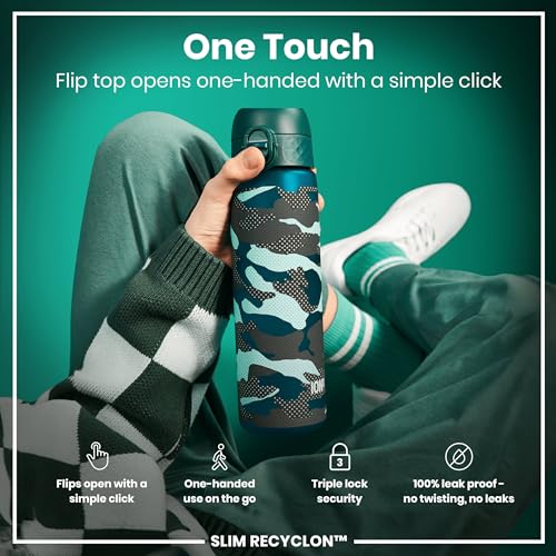 ION8 Water Bottle, 500 ml/18 oz, Leak Proof, Easy to Open, Secure Lock, Dishwasher Safe, BPA Free, Flip Cover, Carry Handle, Fits Cup Holders, Easy Clean, Odor Free, Carbon Neutral, Green, Camo Design - Image 3