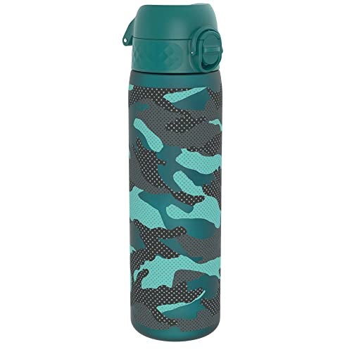 ION8 Water Bottle, 500 ml/18 oz, Leak Proof, Easy to Open, Secure Lock, Dishwasher Safe, BPA Free, Flip Cover, Carry Handle, Fits Cup Holders, Easy Clean, Odor Free, Carbon Neutral, Green, Camo Design - Image 1