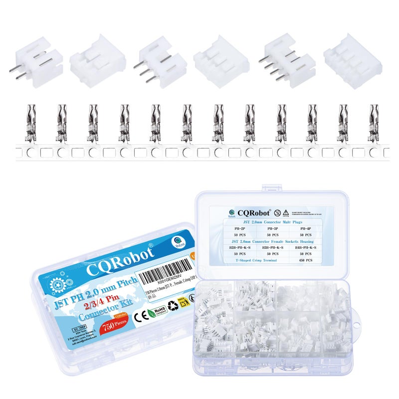 CQRobot JST PH 20 mm Pitch 2Pin3Pin4Pin Electronic Connector IC Male Plugs Female Sockets Housing and TShaped Crimp Terminal Kit 150 Sets750 Pieces WiretoBoard Adapter Cable Assembly