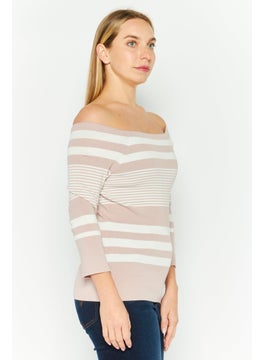 ONLY Women Boat Neck Long Sleeves Stripe Top, Pink Combo  - Image 3