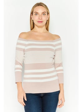 ONLY Women Boat Neck Long Sleeves Stripe Top, Pink Combo  - Image 1