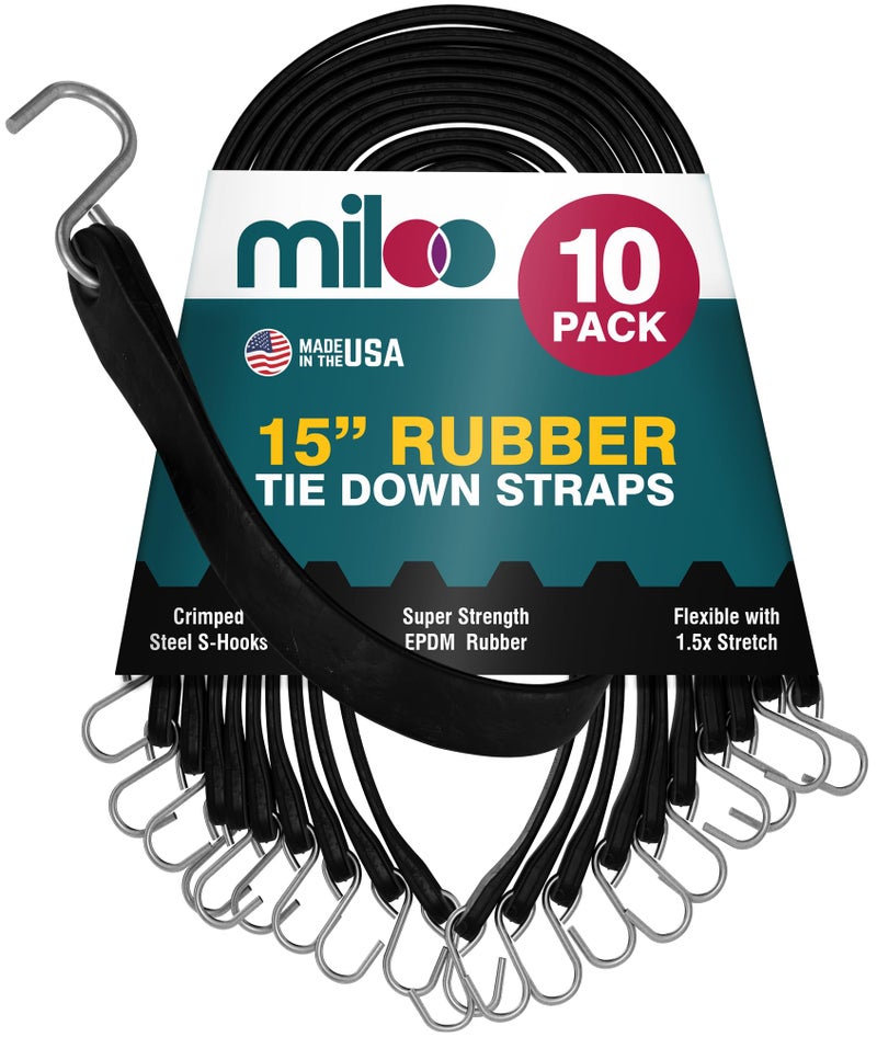 Miloo Rubber Bungee Cords with Hooks  Heavy Duty Tarp and Cargo Straps  Made in USA  15 Inch Pack of 10