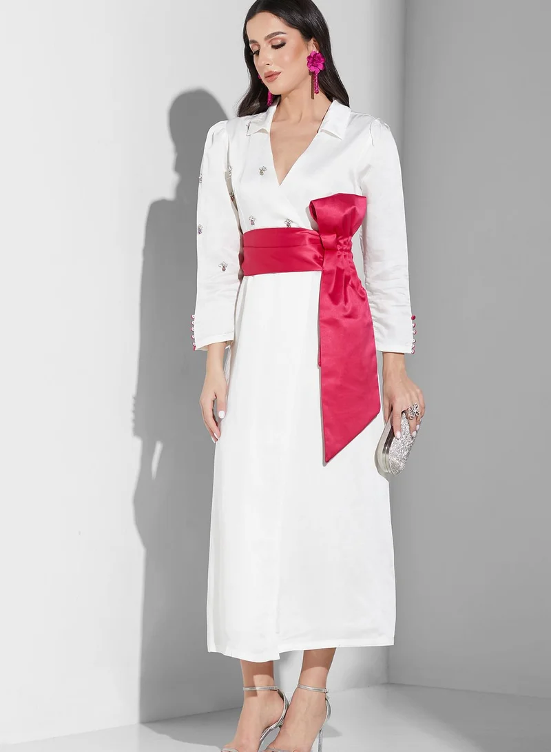 Threadz by Ajooni Surplice Neck Belted Dress
