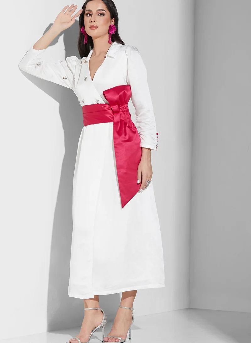 Threadz by Ajooni Surplice Neck Belted Dress