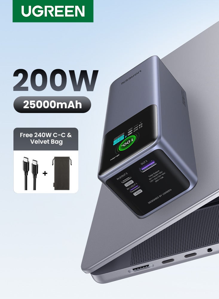 يو جرين شاحن محمول فائق السرعة لأجهزة الكمبيوتر المحمولة، بسعة 25000 مللي أمبير وقوة 200 واط، مزود بمنفذي شحن 2C1A، مناسب للسفر جواً، مزود بشاشة ملونة رقمية، متوافق مع أجهزة سامسونج S26/S25 ألترا، وآيفون 17/16 برو ماكس، وماك بوك، ولينوفو، وديل، وآيباد. 25000 mAh 25000 200W - Image 1