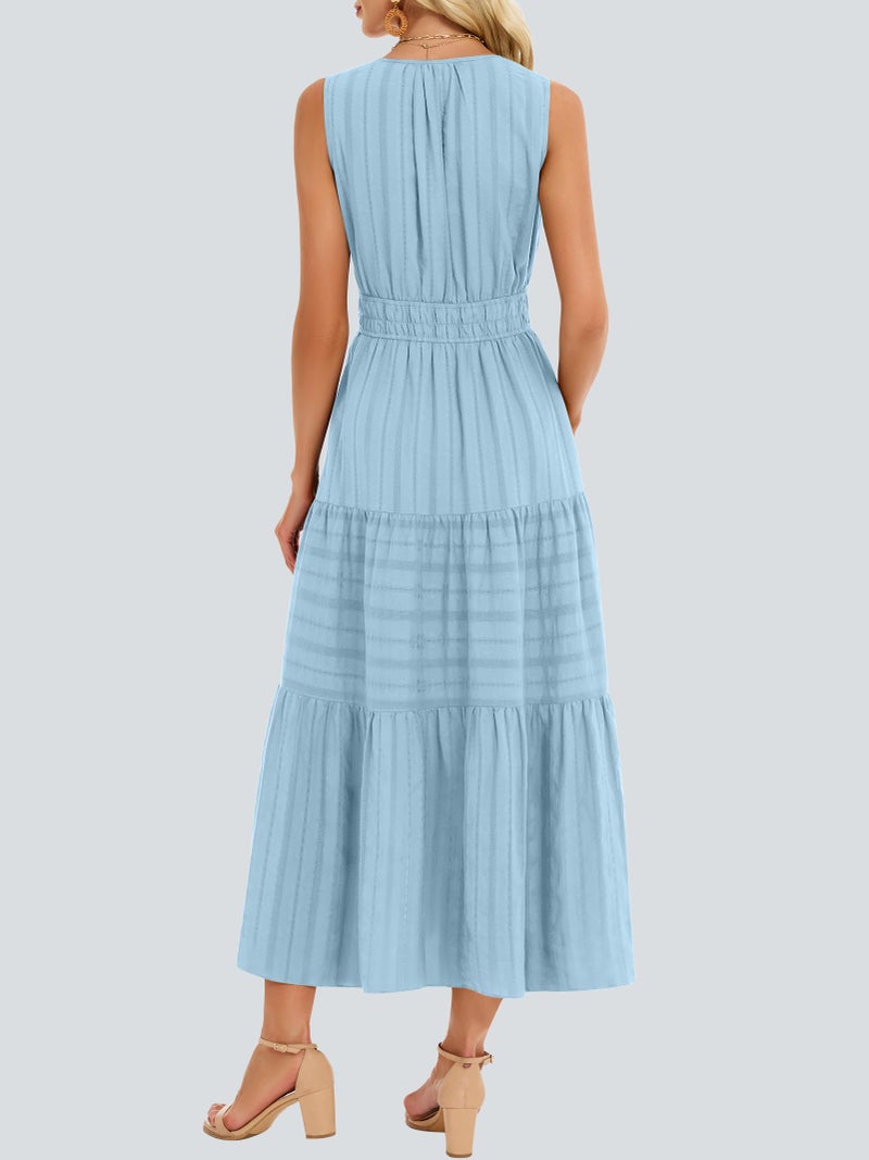 Funlingo Midi Dresses for Women Casual Summer Elastic Waist Maxi A Line Dresses Comfortable Cotton Flowy Boho Wedding Dress for Travel Graduation Church Holidays Light Blue L - Image 4