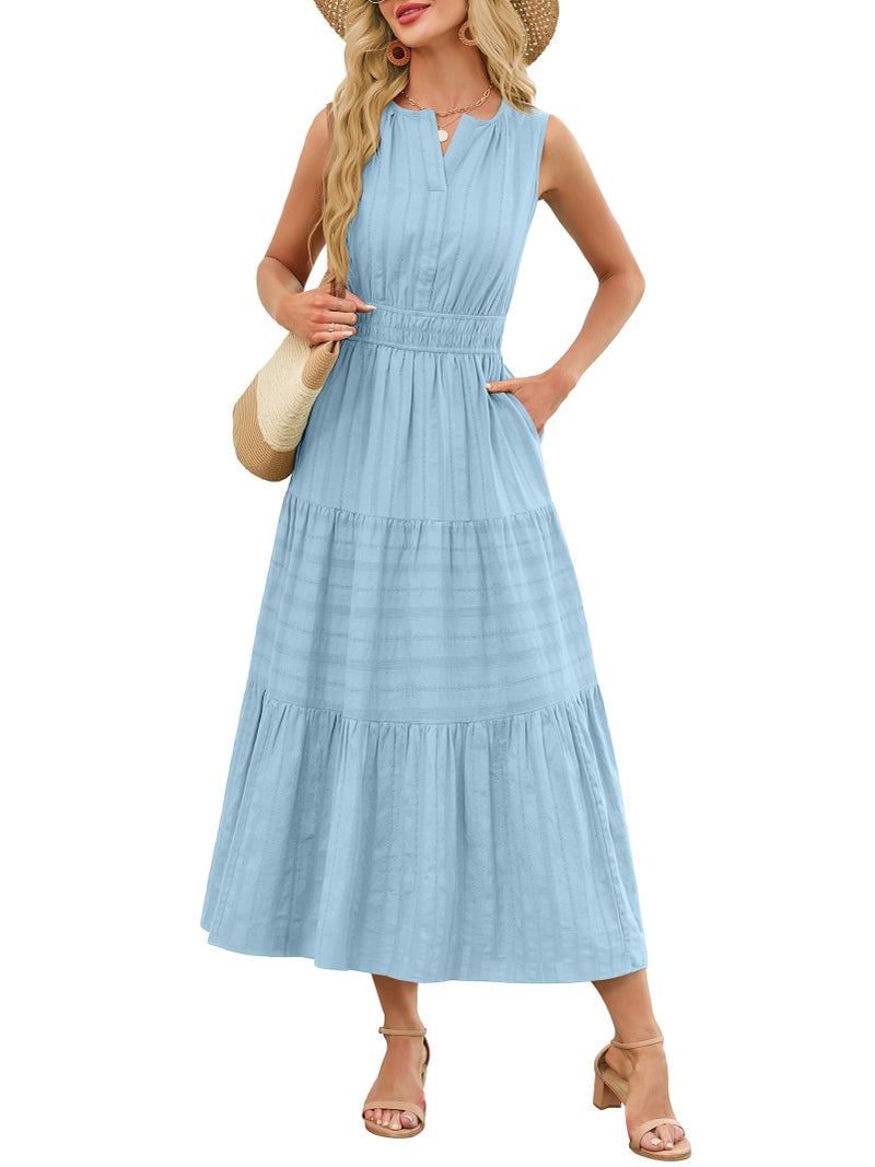 Funlingo Midi Dresses for Women Casual Summer Elastic Waist Maxi A Line Dresses Comfortable Cotton Flowy Boho Wedding Dress for Travel Graduation Church Holidays Light Blue L - Image 1