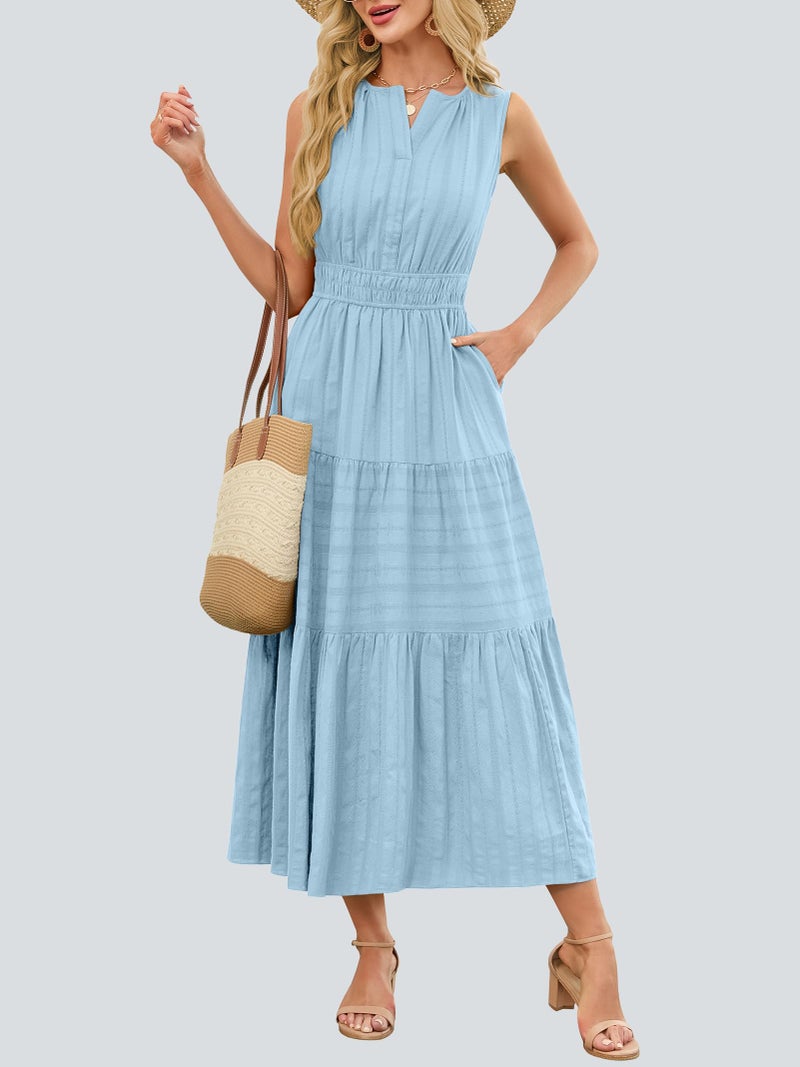 Funlingo Midi Dresses for Women Casual Summer Elastic Waist Maxi A Line Dresses Comfortable Cotton Flowy Boho Wedding Dress for Travel Graduation Church Holidays Light Blue L - Image 2