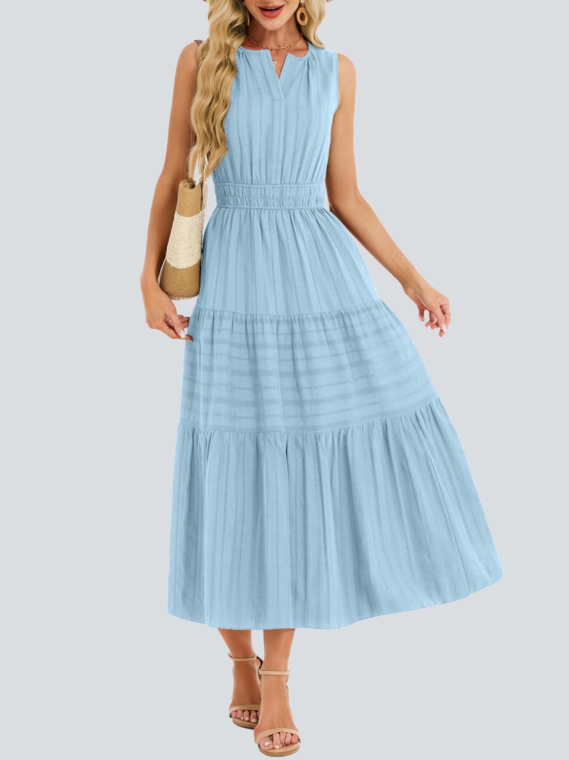 Funlingo Midi Dresses for Women Casual Summer Elastic Waist Maxi A Line Dresses Comfortable Cotton Flowy Boho Wedding Dress for Travel Graduation Church Holidays Light Blue L - Image 5