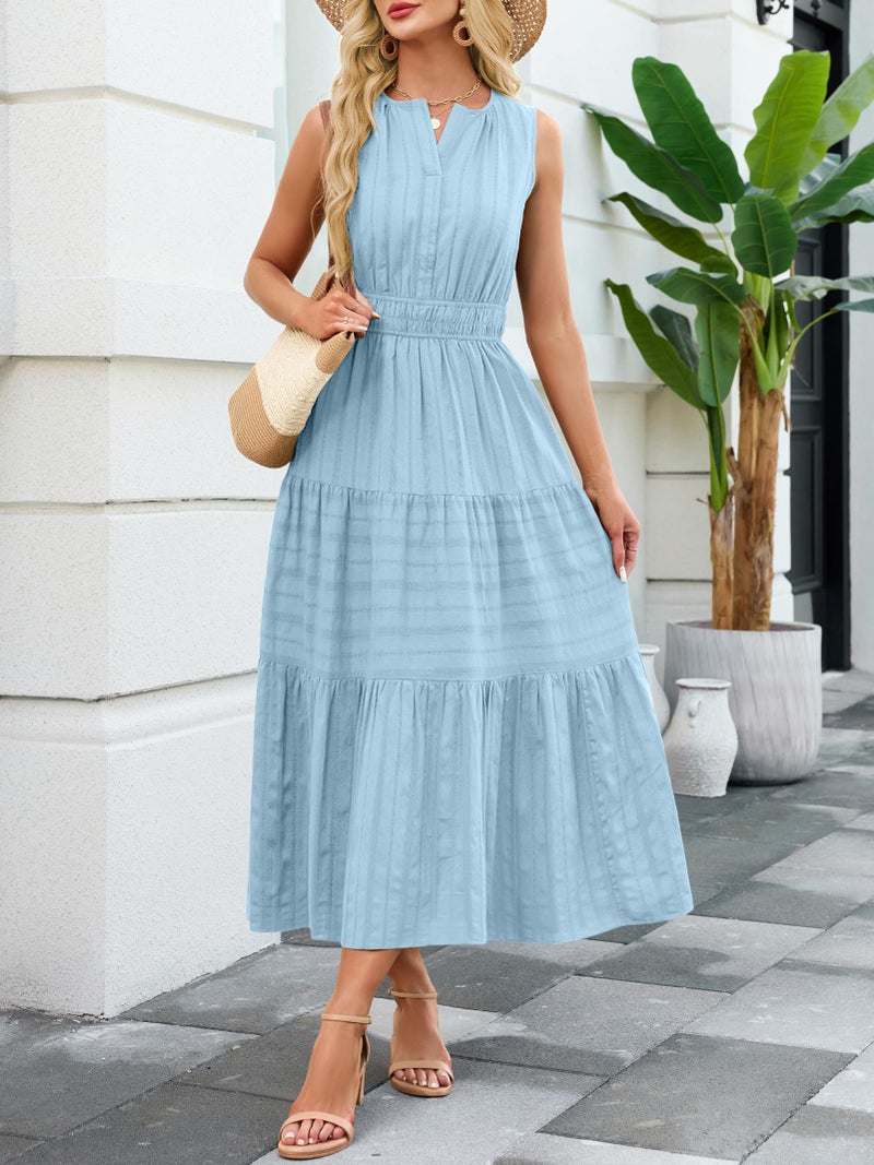 Funlingo Midi Dresses for Women Casual Summer Elastic Waist Maxi A Line Dresses Comfortable Cotton Flowy Boho Wedding Dress for Travel Graduation Church Holidays Light Blue L - Image 3