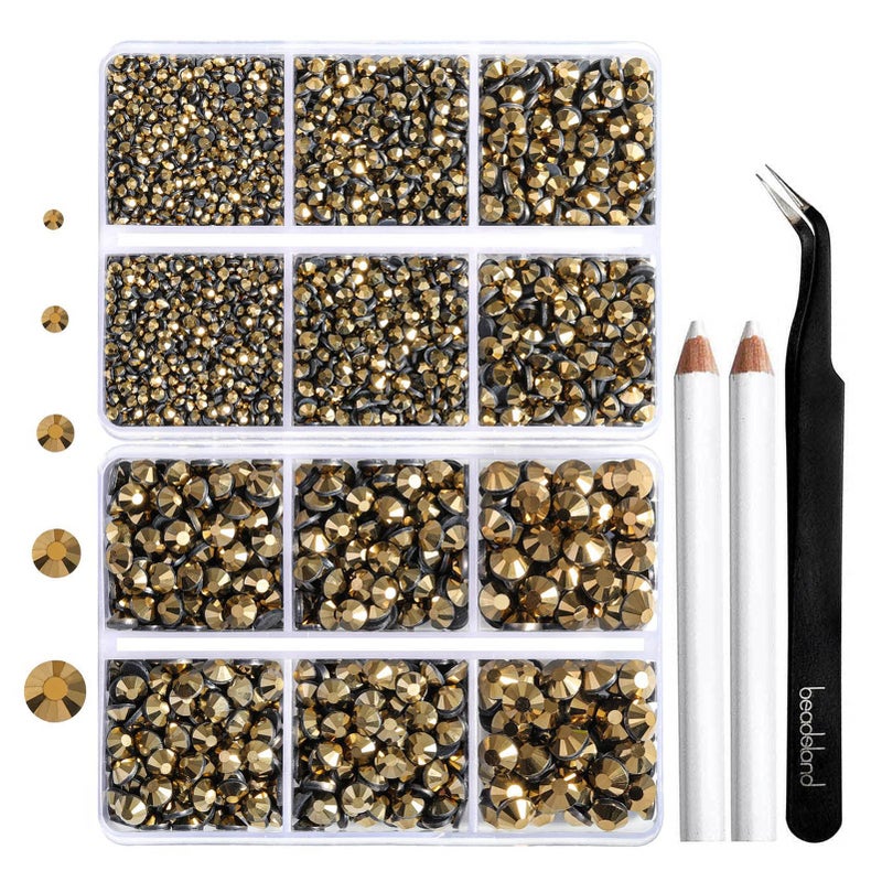 6736pcs Hotfix Rhinestones FlatbackGold Rhinestones for Crafts Clothes Mixed 5 Sizes Hotfix Crystals with Tweezers and Wax Pencil Kit SS6SS30Aurum