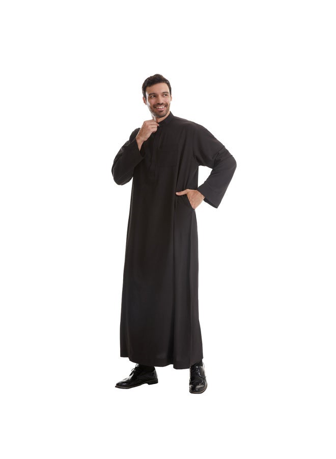 عباية - قميص رجالي طويل بياقة واقفة - أسود - ملابس تقليدية، ملابس إسلامية، زي إسلامي، زي تراثي، قفطان دبي - Image 5
