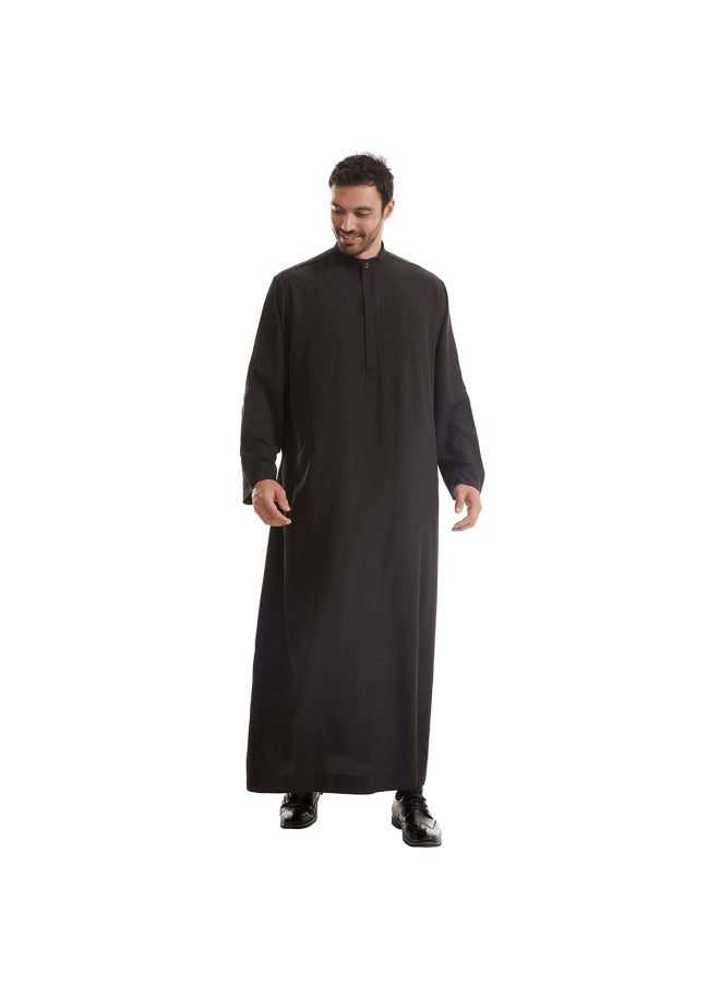 عباية - قميص رجالي طويل بياقة واقفة - أسود - ملابس تقليدية، ملابس إسلامية، زي إسلامي، زي تراثي، قفطان دبي - Image 1