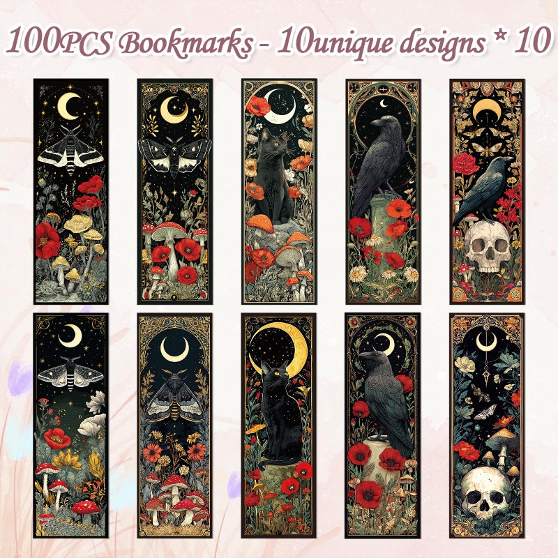 Wxiben Fantasy Bookmarks Gifts for Women - 100 Pcs Mystical Black Cat Moon Bookmark Dark Academia Book Mark Mushrooms Witchy Skull Flower Page Marker Clip for for Book Lovers Bookworms Bookish - Image 3