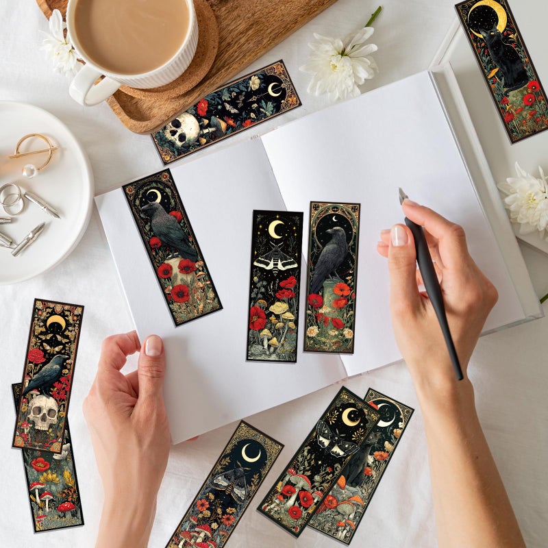 Wxiben Fantasy Bookmarks Gifts for Women - 100 Pcs Mystical Black Cat Moon Bookmark Dark Academia Book Mark Mushrooms Witchy Skull Flower Page Marker Clip for for Book Lovers Bookworms Bookish - Image 5