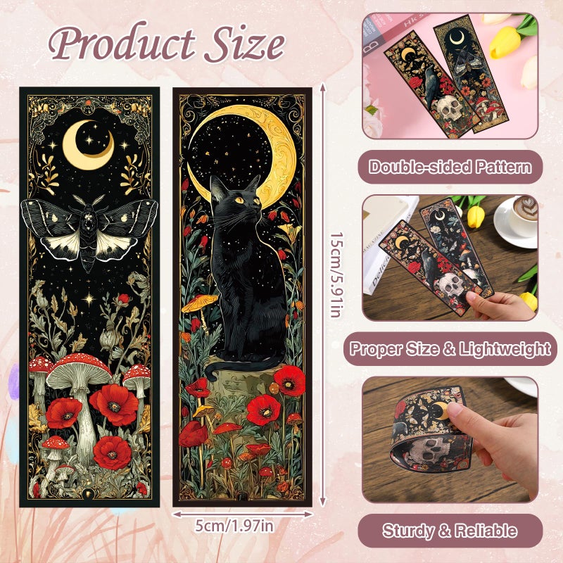Wxiben Fantasy Bookmarks Gifts for Women - 100 Pcs Mystical Black Cat Moon Bookmark Dark Academia Book Mark Mushrooms Witchy Skull Flower Page Marker Clip for for Book Lovers Bookworms Bookish - Image 2