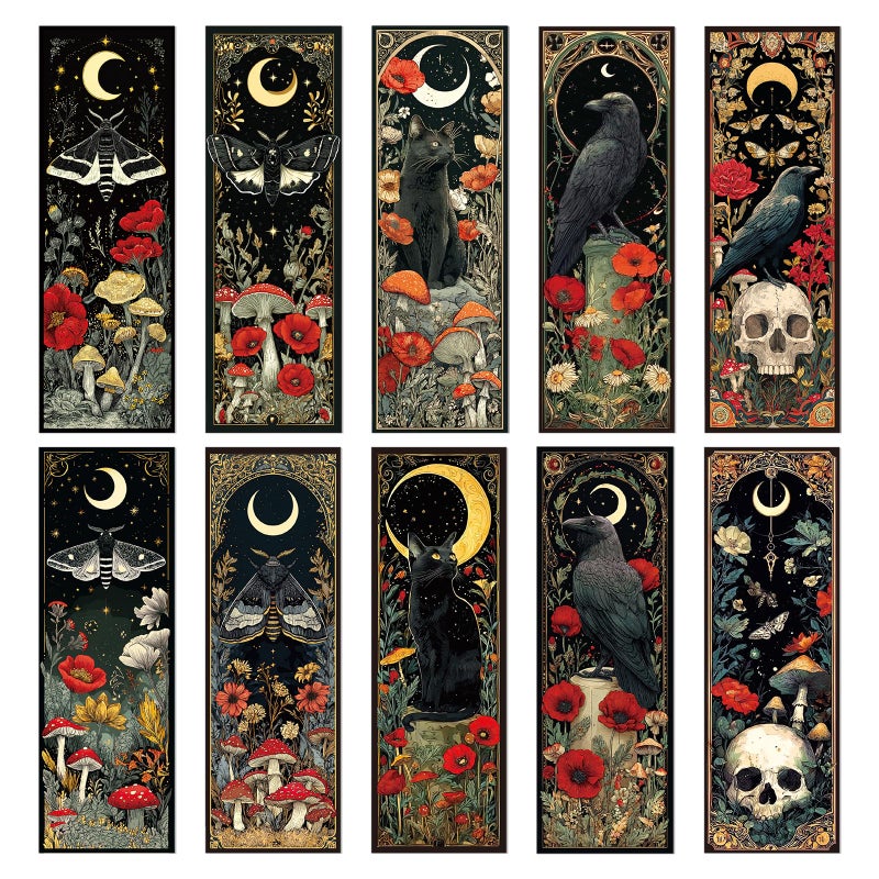 Wxiben Fantasy Bookmarks Gifts for Women - 100 Pcs Mystical Black Cat Moon Bookmark Dark Academia Book Mark Mushrooms Witchy Skull Flower Page Marker Clip for for Book Lovers Bookworms Bookish - Image 1