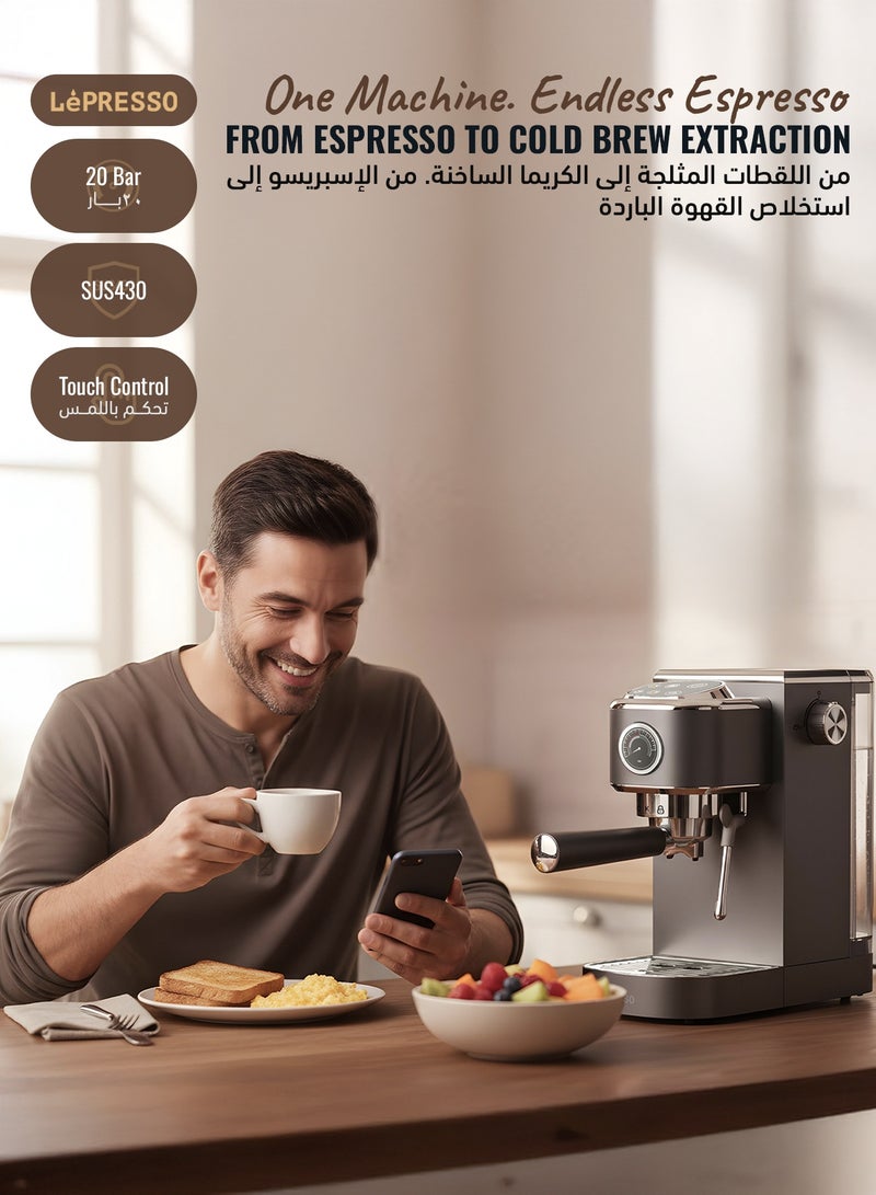 LePRESSO Coffee Machine Semi-Automatic with Powerful Boiler, Espresso Machine with Hot & Cold Coffee Maker, 20Bar, PCB Control with 6 Touch Buttons, Stainless Steel Shell, 1350W Power with Steam Wand - Gray - Image 2