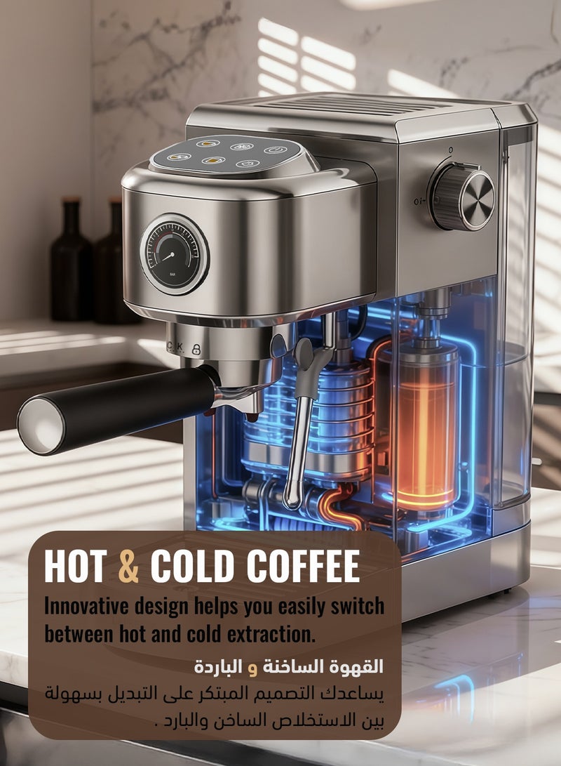 LePRESSO Coffee Machine Semi-Automatic with Powerful Boiler, Espresso Machine with Hot & Cold Coffee Maker, 20Bar, PCB Control with 6 Touch Buttons, Stainless Steel Shell, 1350W Power with Steam Wand - Gray - Image 4