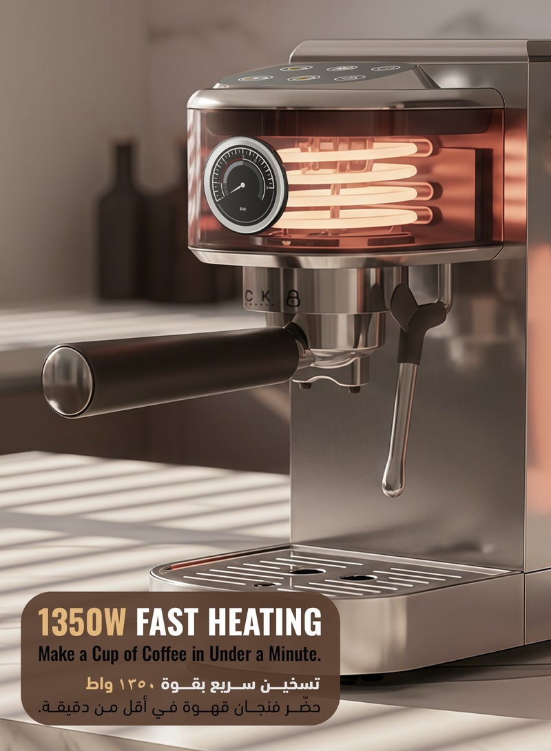 LePRESSO Coffee Machine Semi-Automatic with Powerful Boiler, Espresso Machine with Hot & Cold Coffee Maker, 20Bar, PCB Control with 6 Touch Buttons, Stainless Steel Shell, 1350W Power with Steam Wand - Gray - Image 3