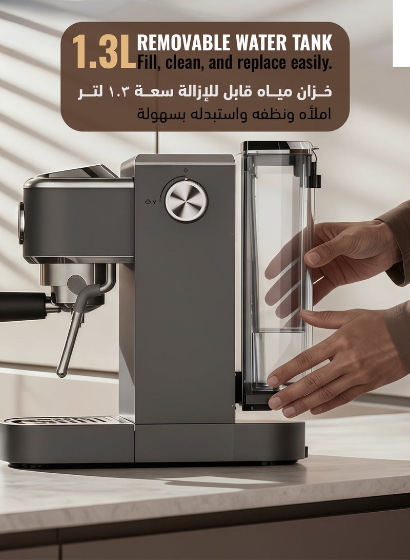 ليبرسو آلة قهوة مع غلاية قوية، آلة إسبرسو مع صانع قهوة ساخن وبارد، 20 بار، تحكم PCB مع 6 أزرار لمس، هيكل من الفولاذ المقاوم للصدأ، قدرة 1350 واط مع عصا بخار - رمادي - Image 5