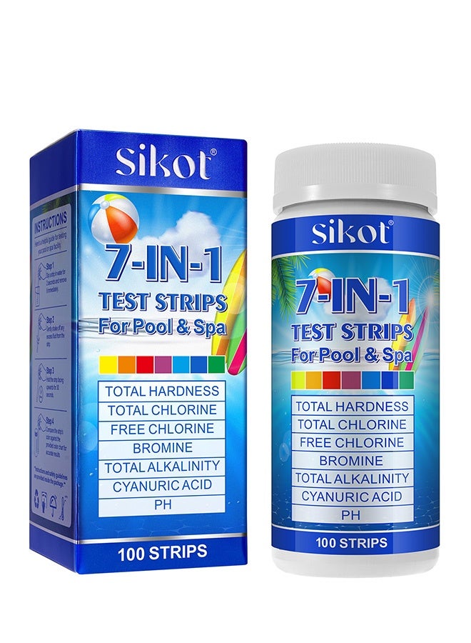 SIKOT Pool Test Strips, 7 in 1 Fast and Accurate Pool Test Kit - PH, Hydrogen, Chlorine, Cyanuric Acid, Hardness, Chlorine, Alkalinity and more, Simple and Accurate Hot Tub Test Strips for Pools and Spas - Image 1