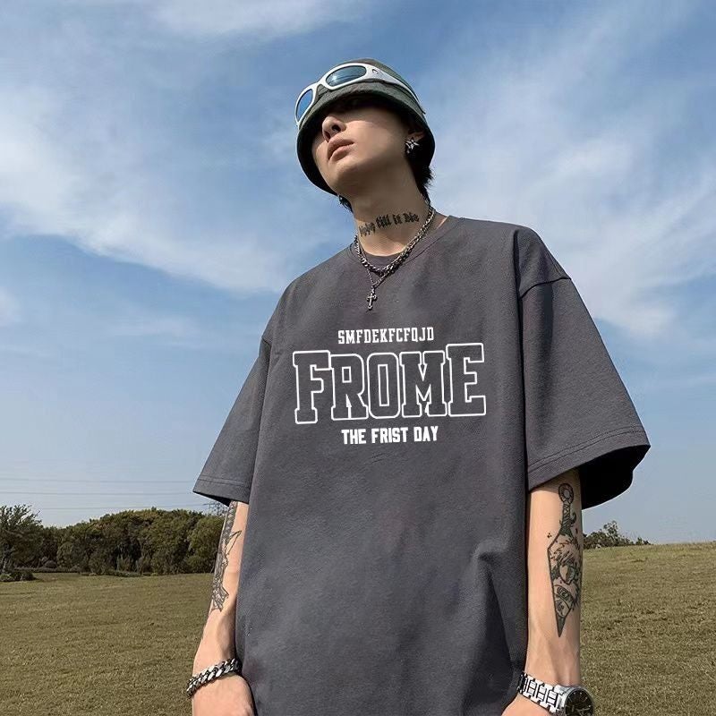 Trendy brand 100% pure cotton letter short-sleeved T-shirt men's summer loose plus-size T-shirt handsome American couple top - Image 1