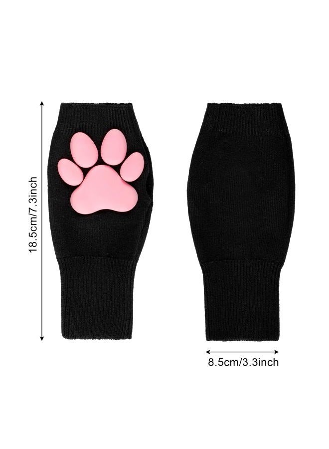 Nydotd Cat Paw Pad Mittens Gloves Kawaii Pink 3D Claw Fingerless Cute Cat Cosplay Gloves Sleeve for Girls Party, Black Short, Short - Image 2