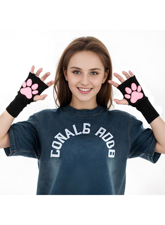 Nydotd Cat Paw Pad Mittens Gloves Kawaii Pink 3D Claw Fingerless Cute Cat Cosplay Gloves Sleeve for Girls Party, Black Short, Short - Image 4