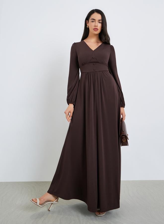 Styli Women Brown Balloon Sleeve Maxi Dress - Image 3