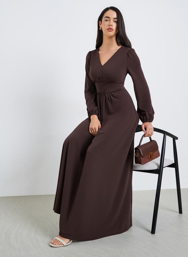 Styli Women Brown Balloon Sleeve Maxi Dress - Image 1