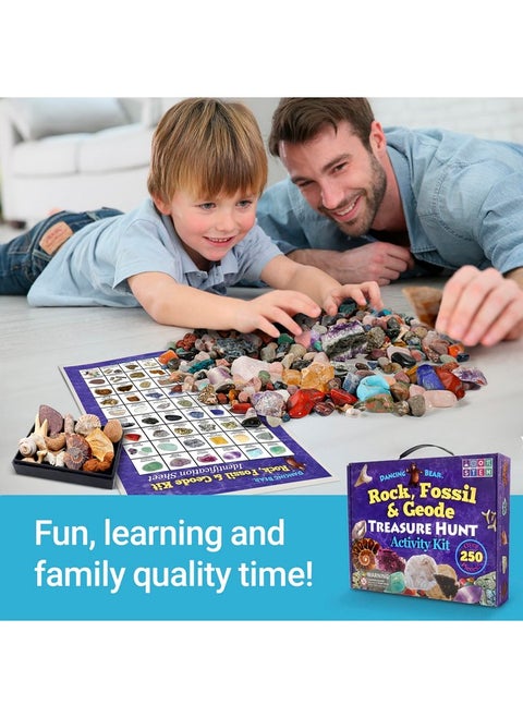 Rock, Mineral & Geodes Treasure Hunt Activity Kit (250 Pc Set) Real Shark Teeth Fossils, Id Sheet & Rock Book, Stem