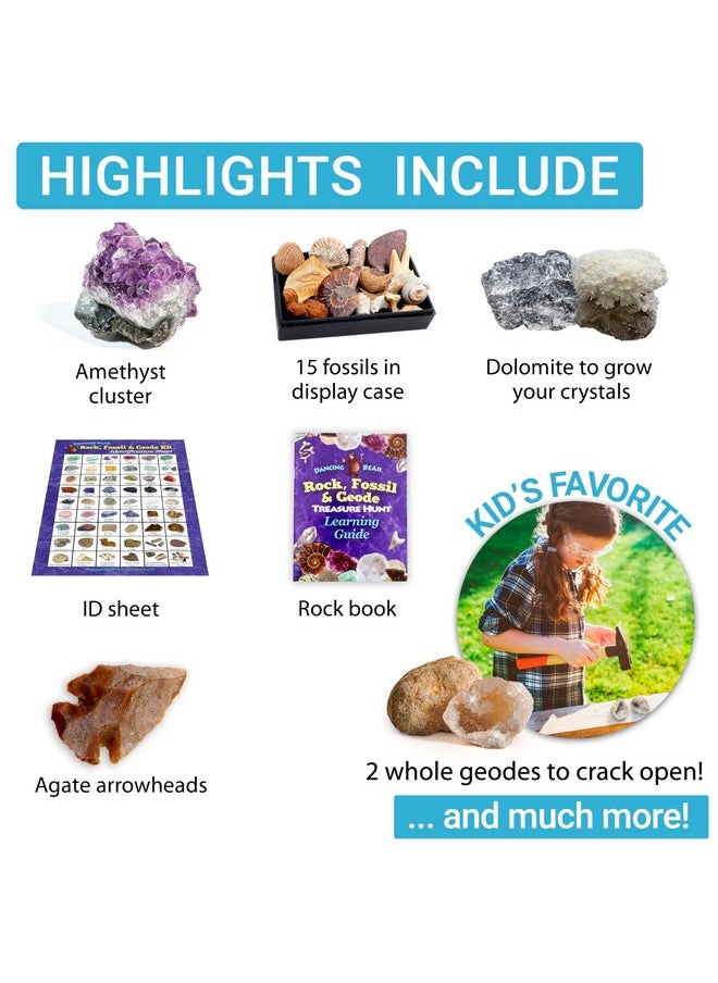 Rock, Mineral & Geodes Treasure Hunt Activity Kit (250 Pc Set) Real Shark Teeth Fossils, Id Sheet & Rock Book, Stem