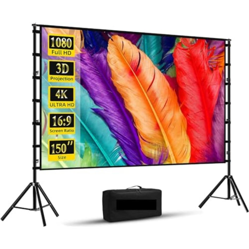 Projector Screen and Stand, 150 inch Indoor/Outdoor Movie Screen, 16:9 4K PVC Matte White Wrinkle-Free for Yard Nights, Camping, Conference, Office - Image 1