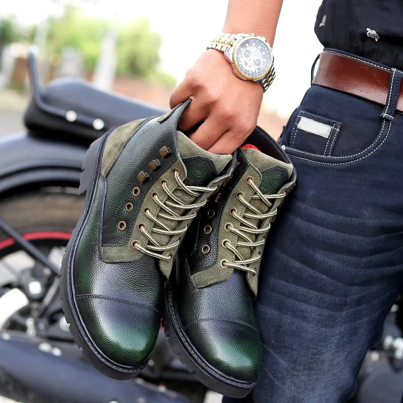 باكا بوتشي أحذية رجالية جلدية متوسطة الطول بلون الزيتون للمشي لمسافات طويلة