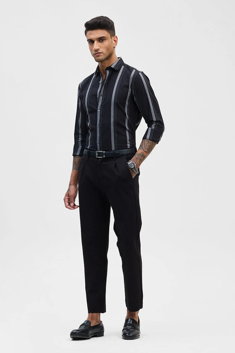 SNITCH Black Striped Long Sleeve Slim Fit Formal Shirt