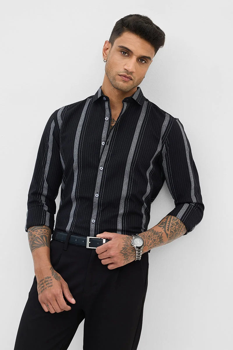 SNITCH Black Striped Long Sleeve Slim Fit Formal Shirt