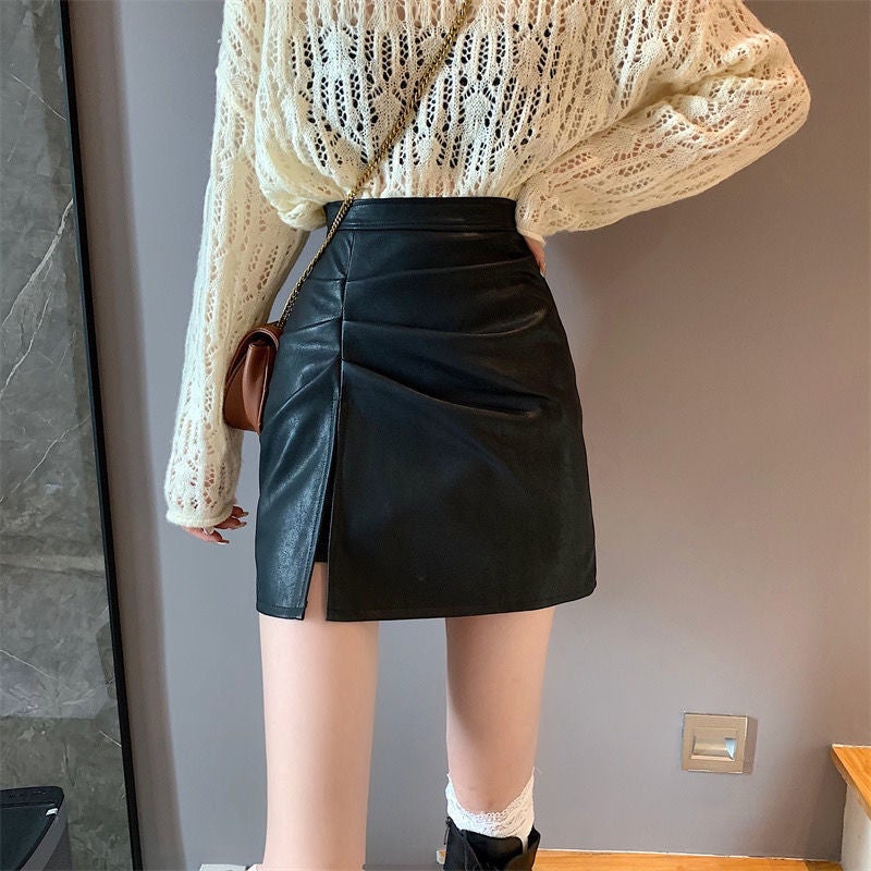 Split Pleated Pu Small Leather Skirt Women'S Slim Skirt High Waist Anti-Light Hip Covering A- Line Skirt Hip Skirt For Children - Image 1