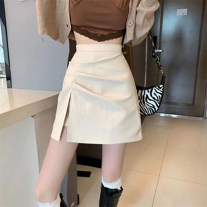 Split Pleated Pu Small Leather Skirt Women'S Slim Skirt High Waist Anti-Light Hip Covering A- Line Skirt Hip Skirt For Children - Image 4